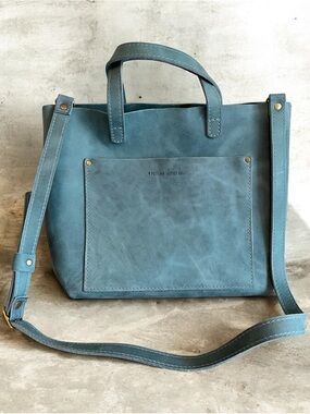 Portland Leather Crossbody Tote Aqua Blue Full Grain Leather Marbled Finish